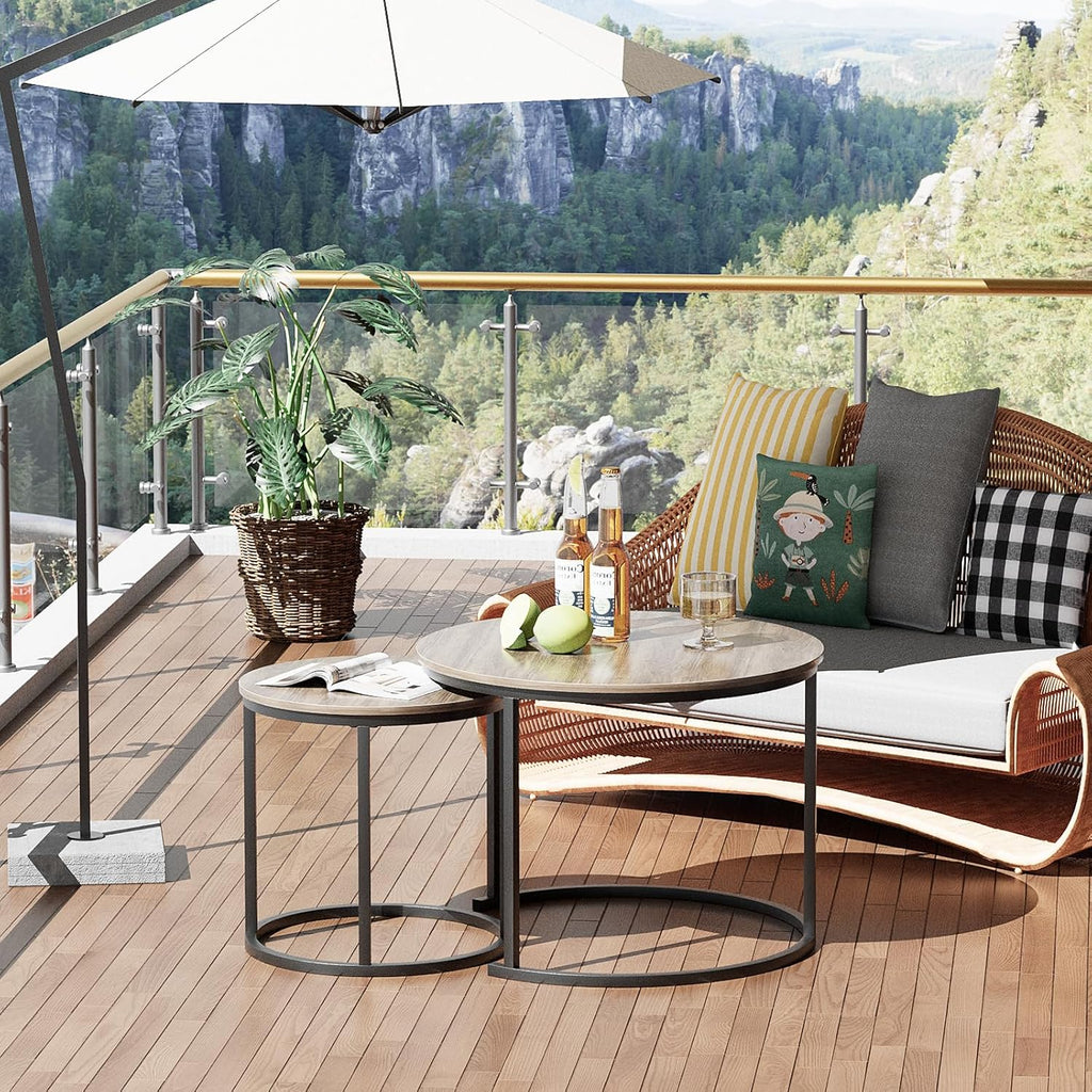 Coffee Table Nesting Side round Table Set of 2 End Table with Sturdy Metal Frame for Living Room Bedroom Apartment Modern Industrial Simple Nightstand,Oak