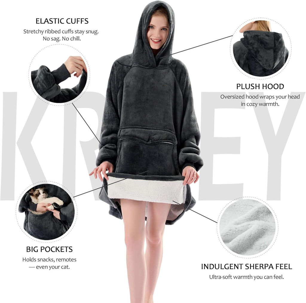 Wearable Blanket Hoodie, Oversized Sherpa Fleece Sweatshirt with Giant Pocket, Birthday Gifts for Women, Warm Christmas Gift for Mom, Wife, or Girlfriend