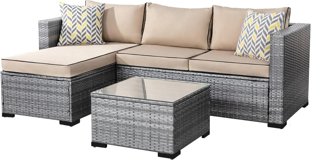 3 Pieces Patio Furniture Set,All-Weather Rattan Patio Conversation Set,Outdoor Sectional Silver Wicker Patio Couch with Washable Cushions and Glass Coffee Table(Khaki)