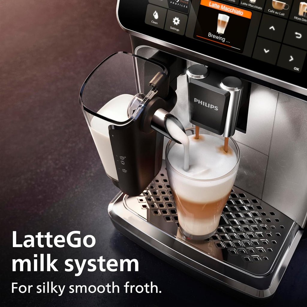 5400 Series Fully Automatic Bean-to-Cup Coffee Machine with 12 Coffee Varieties, Lattego Milk Frother, Easy Clean System, Ceramic Grinder - Black and Silver (EP5446/70)