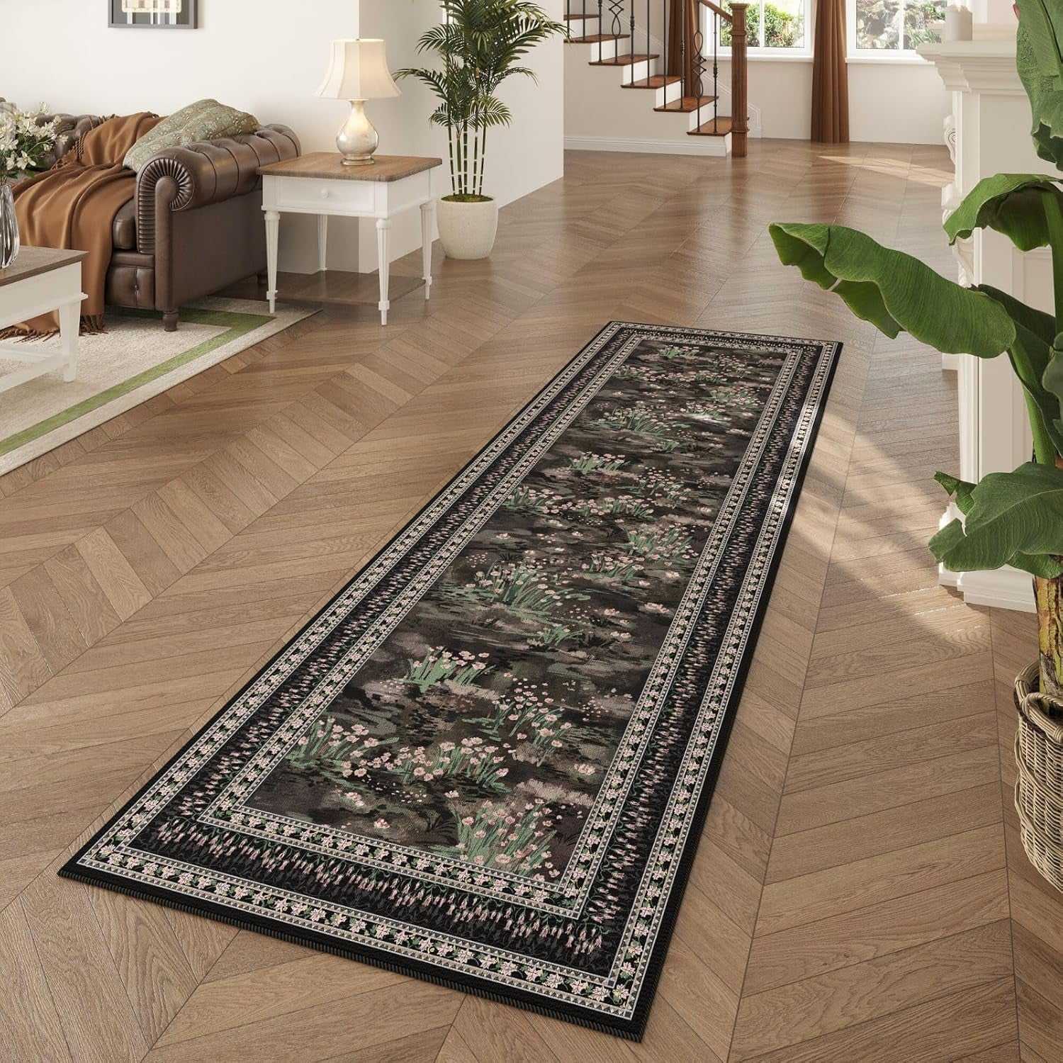 Runner Rug Impressionist-Style Vintage Kitchen Rugs Non Slip Washable Soft Carpet Runner for Kitchen Laundry Bedroom Bathroom, Black