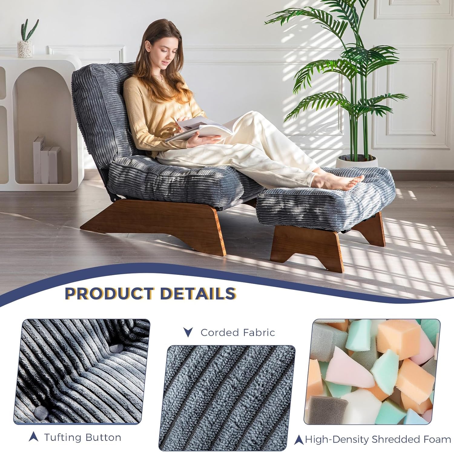 Accent Chair with Ottoman Adjustable Backrest, Tufted Living Room Chair Upholstered Lounge Chair with Footrest Set, Modern Chair Cozy Reclining Chair for Reading Room, Dark Grey