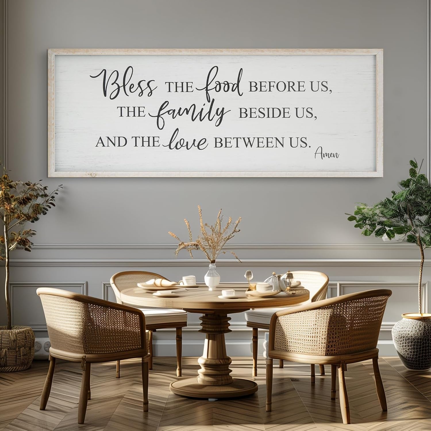Bless the Food before Us Home Decor Wall Sign for Family Kitchen Farmhouse Dining Room Vintage Rustic Retro Boho Wood House Wall Art Decoration for Living Room Bedroom 40 X 15 Inch White
