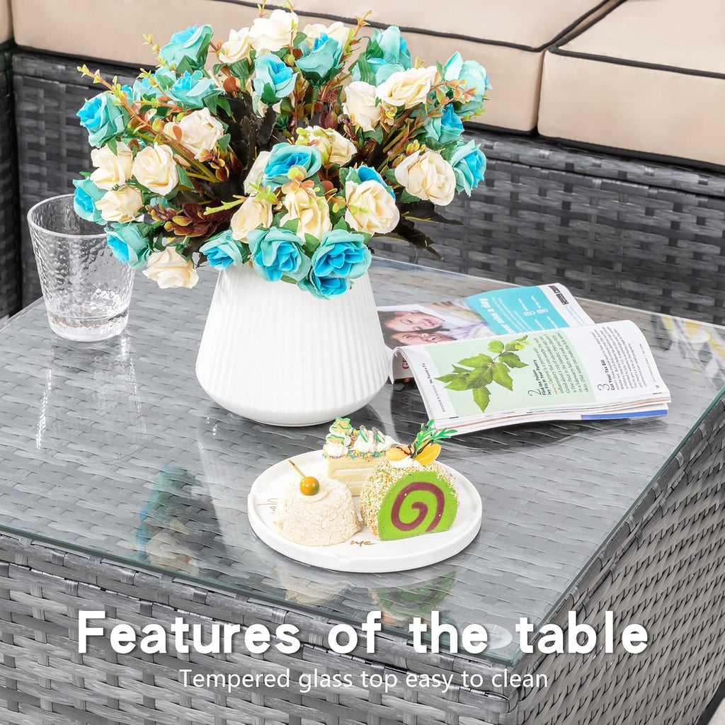 3 Pieces Patio Furniture Set,All-Weather Rattan Patio Conversation Set,Outdoor Sectional Silver Wicker Patio Couch with Washable Cushions and Glass Coffee Table(Khaki)