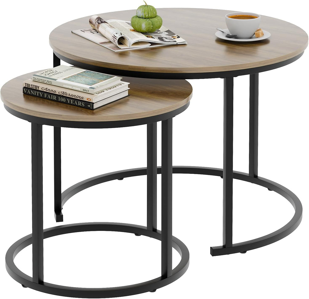 Coffee Table Nesting Side round Table Set of 2 End Table with Sturdy Metal Frame for Living Room Bedroom Apartment Modern Industrial Simple Nightstand,Oak