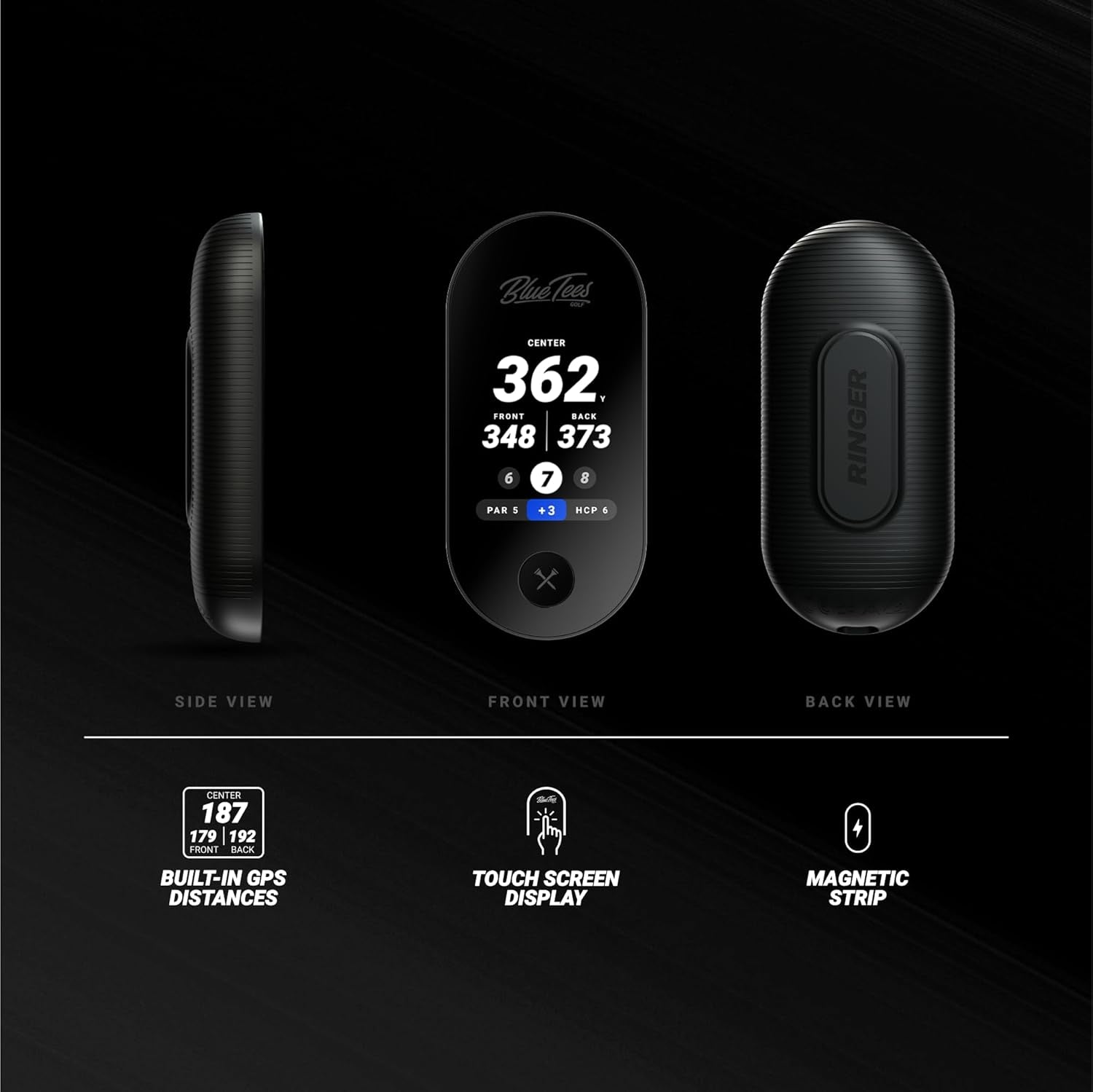 Ringer - Magnetic Golf GPS Handheld, Touch Screen Display, Water Resistant Golf Distance Range Finder, 40,000+ Preloaded Courses, 10+ Hours Battery, Built-In Magnetic Strip