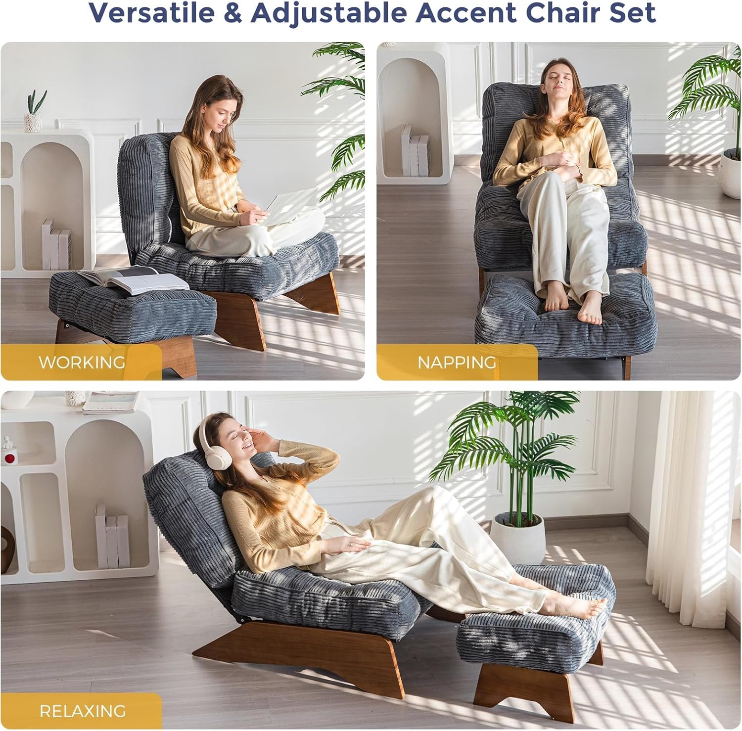 Accent Chair with Ottoman Adjustable Backrest, Tufted Living Room Chair Upholstered Lounge Chair with Footrest Set, Modern Chair Cozy Reclining Chair for Reading Room, Dark Grey