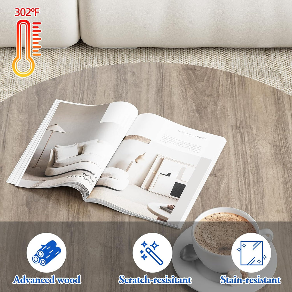 Coffee Table Nesting Side round Table Set of 2 End Table with Sturdy Metal Frame for Living Room Bedroom Apartment Modern Industrial Simple Nightstand,Oak