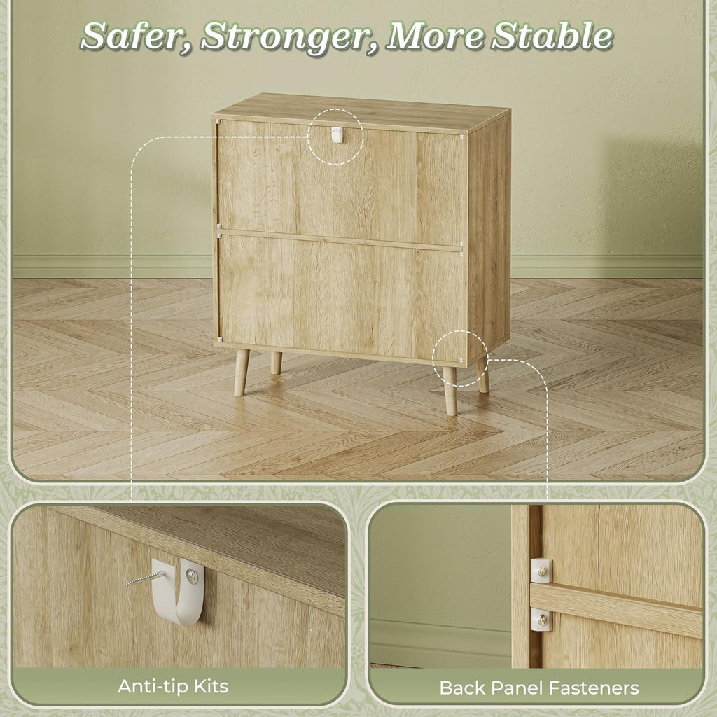 Buffet Cabinet with Storage, Storage Cabinet with PE Rattan Decor Doors, Accent Sideboard Buffet with Solid Wood Feet, for Hallway, Entry, Living Room, Natural