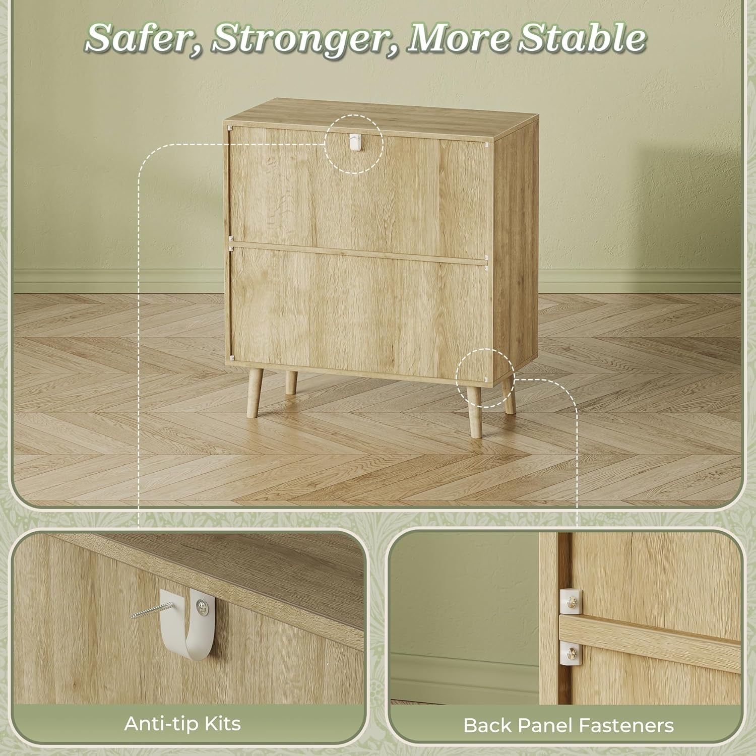 Buffet Cabinet with Storage, Storage Cabinet with PE Rattan Decor Doors, Accent Sideboard Buffet with Solid Wood Feet, for Hallway, Entry, Living Room, Natural