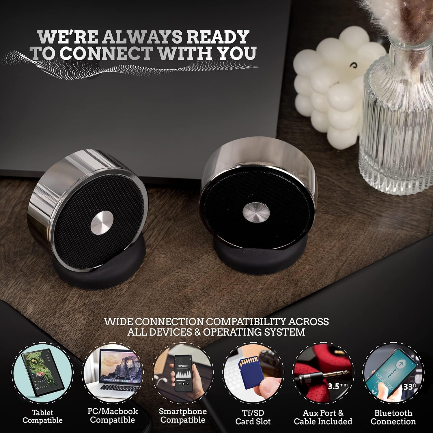 Bluetooth Speaker Set: Wireless Stereo Dual Pairing Portable Twin TWS System with Big Rich Bass Hi-Fi Multi-Room Indoor Outdoor Use Home Deck Pool Work Travel Party Camping Gift Decor Idea (Chrome)