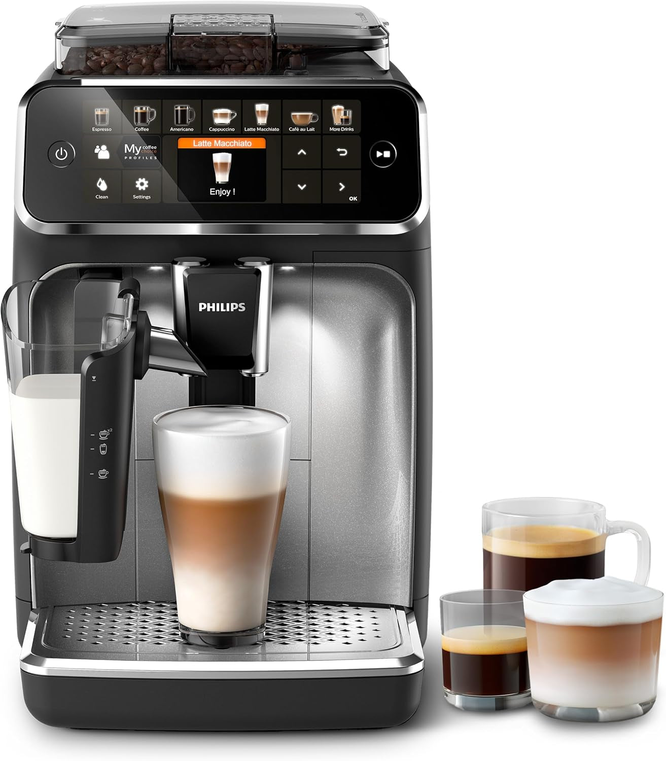 5400 Series Fully Automatic Bean-to-Cup Coffee Machine with 12 Coffee Varieties, Lattego Milk Frother, Easy Clean System, Ceramic Grinder - Black and Silver (EP5446/70)