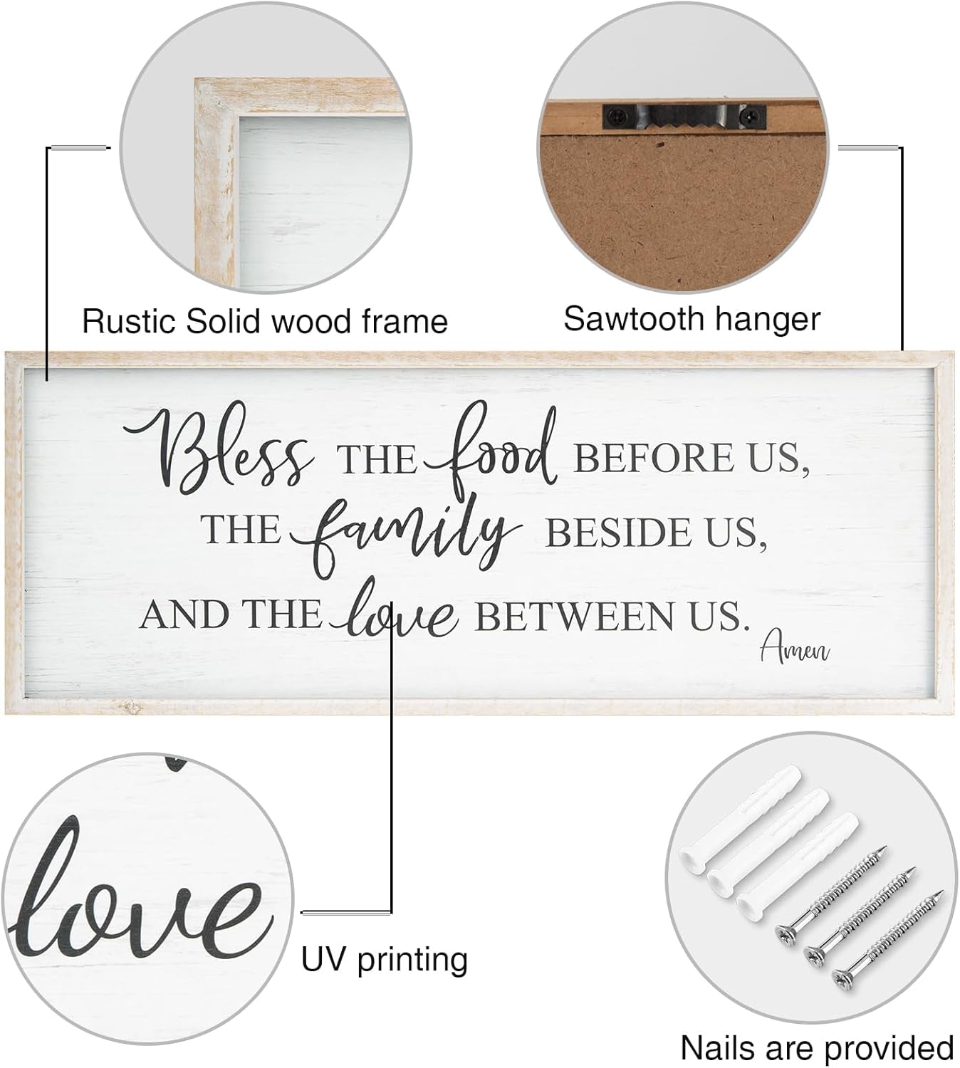 Bless the Food before Us Home Decor Wall Sign for Family Kitchen Farmhouse Dining Room Vintage Rustic Retro Boho Wood House Wall Art Decoration for Living Room Bedroom 40 X 15 Inch White